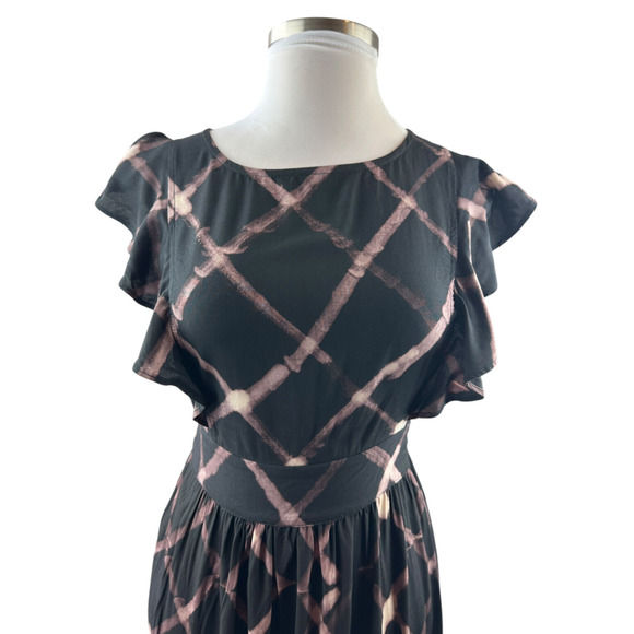 The Odells Seville Ruffle Maxi Dress Printed Tie Belt Pockets Black Size Small - Picture 5 of 16